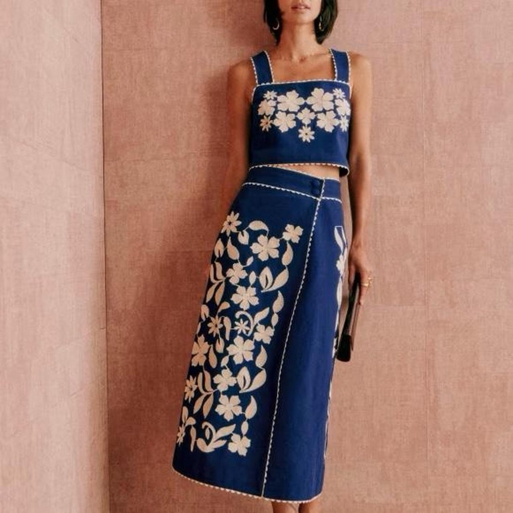 Sezane Navy and Cream Floral Skirt Set
